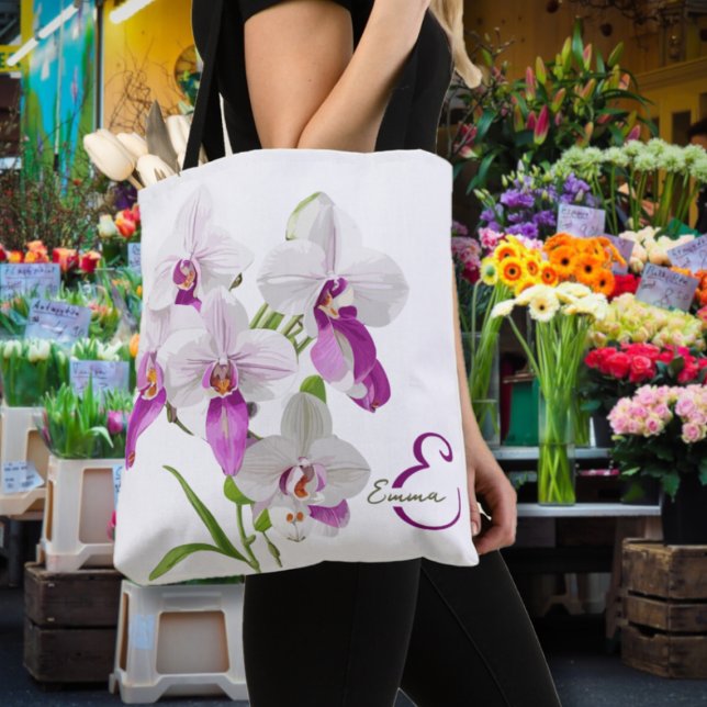 Delicate Orchid Flowers Monogram Tote Bag (Creator Uploaded)