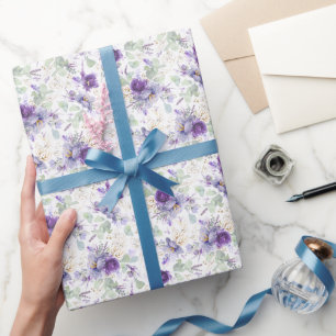 Delicate Pastel Purple Floral Botanical Gold Leaf Wrapping Paper