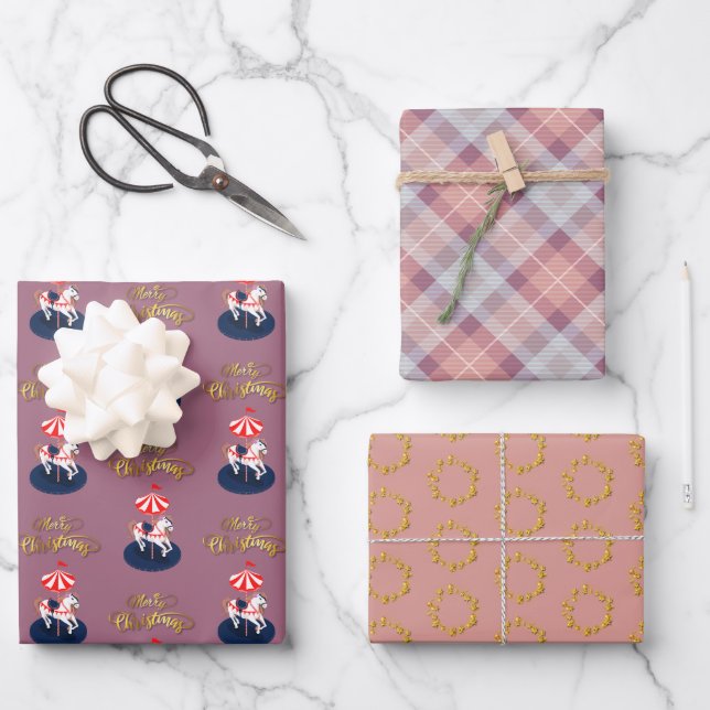 Delicate Pattern Carousel Horse. Pink and Beige.  Wrapping Paper Sheet (Front)