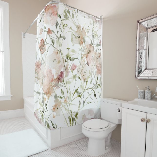 Delicate Peach Floral Pattern with Green Leaves Shower Curtain (In Situ)