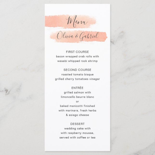Delicate peach stripes. Simple modern wedding Menu (Front)