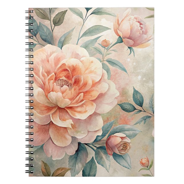 Delicate Peach Tone Floral Watercolor Notebook (Front)