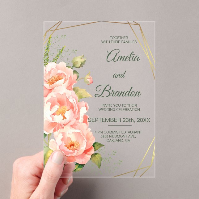 Delicate Peonies Floral Wedding Acrylic Invitation (Insitu (Handheld))