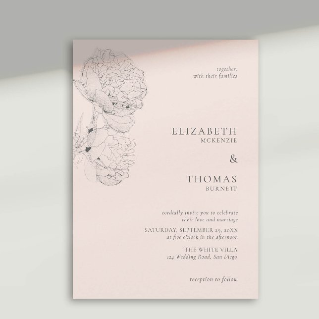 Delicate Peonies Ink Peach Pink Elegant Wedding Invitation (peony wedding invitation large blooms ink sketch peach pink formal elegant modern classic)
