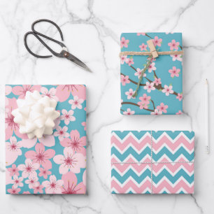 Delicate Pink and Blue Cherry Blossoms and Chevron Wrapping Paper Sheet