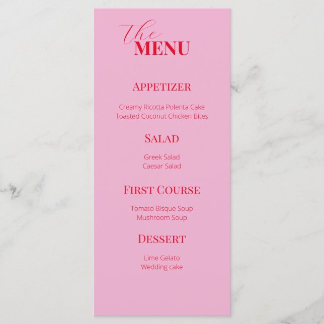 Delicate pink and red wedding  menu (Front)