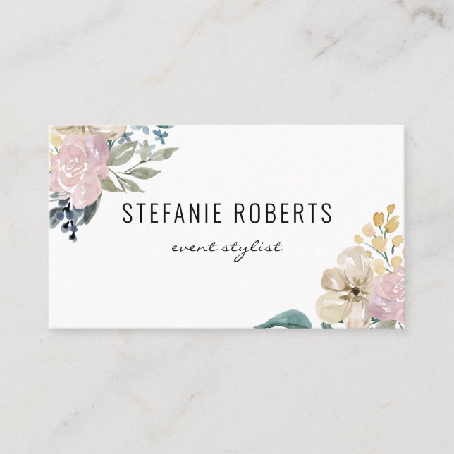 Delicate Pink and Yellow Watercolor Flowers Business Card (Front)