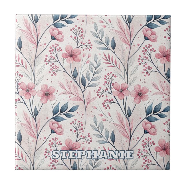 Delicate Pink Blossoms with Muted Blue Foliage Tile (Front)
