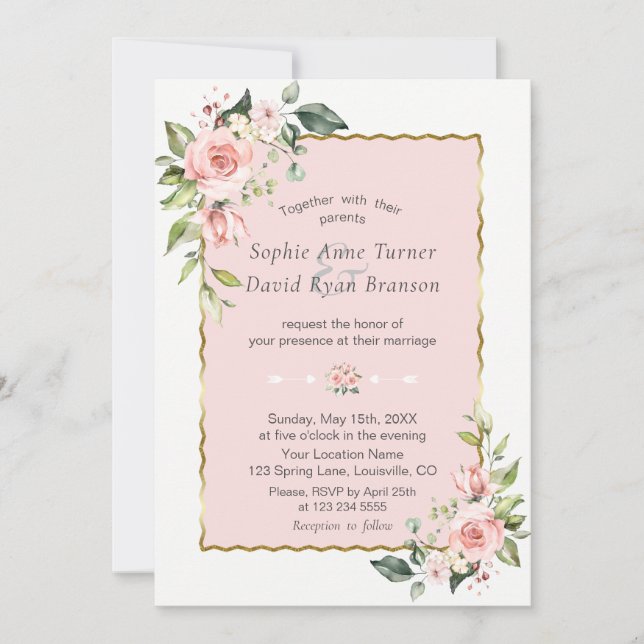 Delicate Pink Blush Flowers Gold Frame Wedding Invitation (Front)