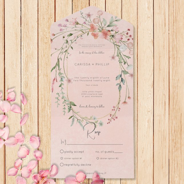 Delicate Pink Blush Rustic Wildflowers Dinner All In One Invitation (Also available with a QR code or without dinner selection options.)