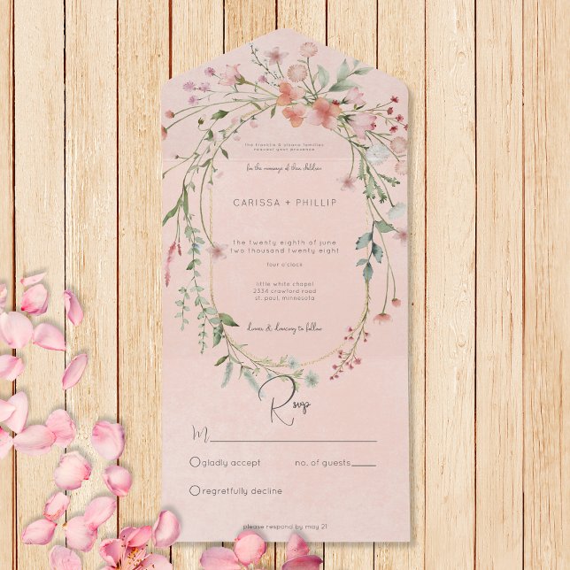 Delicate Pink Blush Rustic Wildflowers No Dinner All In One Invitation (Also available with a QR code or with dinner selection options.)