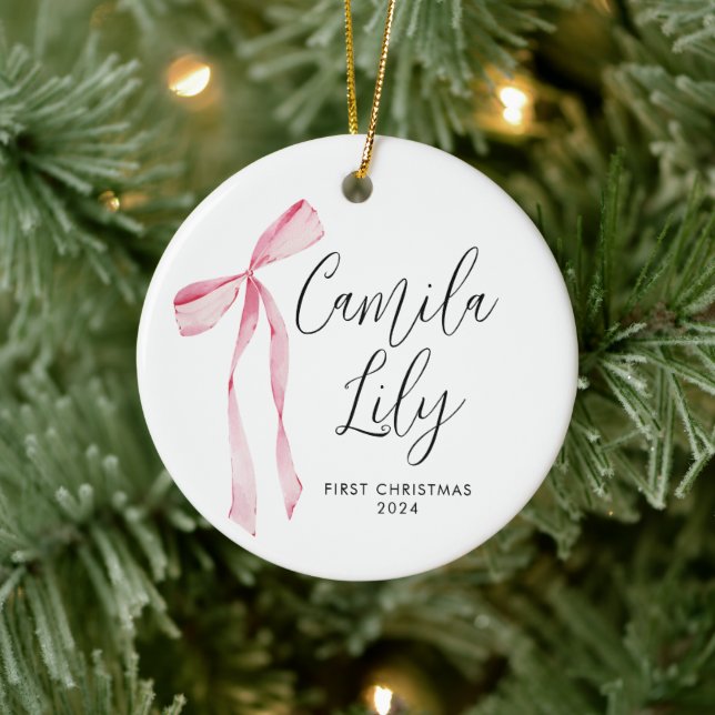 Delicate Pink Bow Baby Girl First Christmas  Ceramic Tree Decoration (Tree)