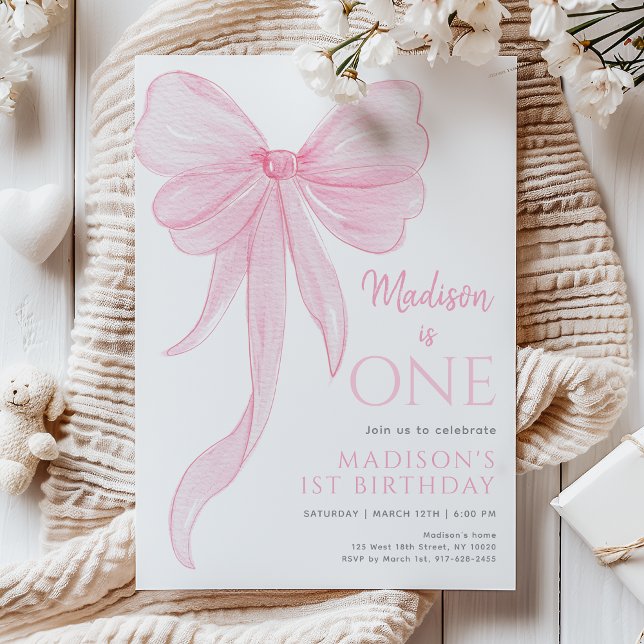 Delicate Pink Bow Girl First Birthday Invitation (Creator Uploaded)
