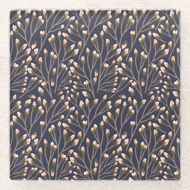 Delicate Pink Buds on Brown Branches Glass Coaster (Front)