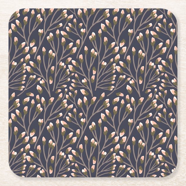 Delicate Pink Buds on Brown Branches Square Paper Coaster (Front)
