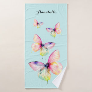 Delicate Pink Butterfly in Pastel Rainbow Colours Bath Towel Set