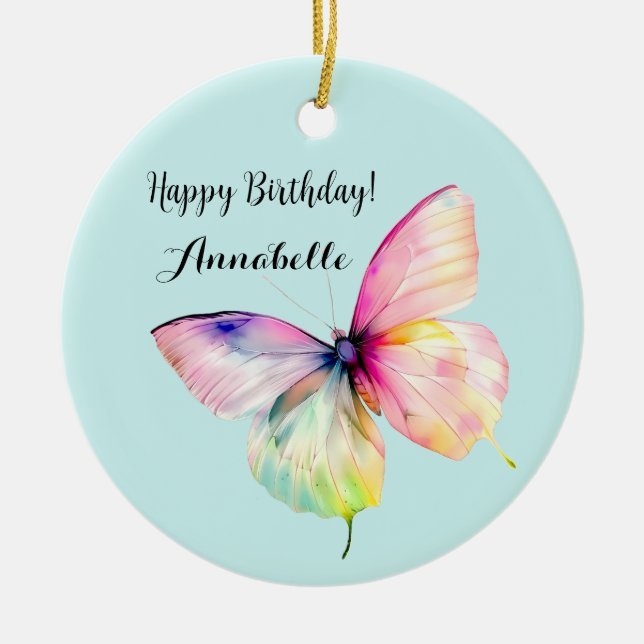 Delicate Pink Butterfly in Pastel Rainbow Colours Ceramic Tree Decoration (Front)