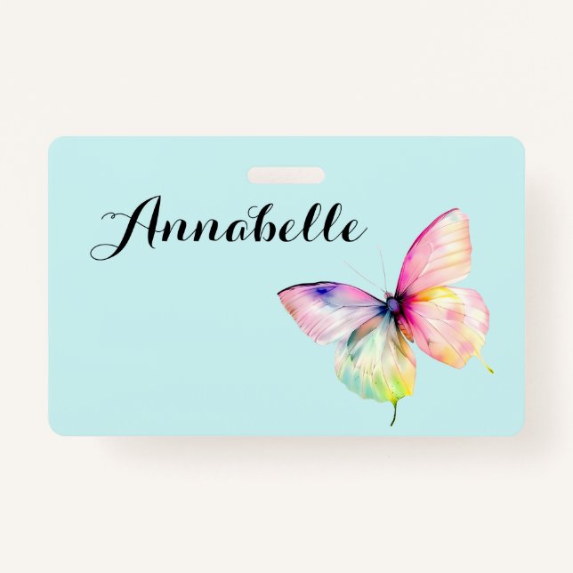 Delicate Pink Butterfly in Pastel Rainbow Colours ID Badge (Front)