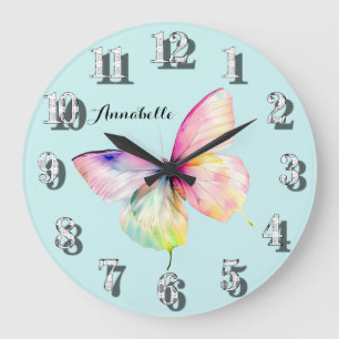 Delicate Pink Butterfly in Pastel Rainbow Colours Large Clock