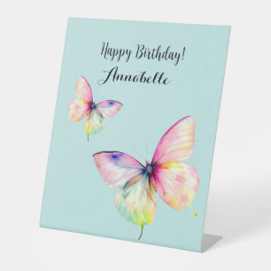 Delicate Pink Butterfly in Pastel Rainbow Colours Pedestal Sign