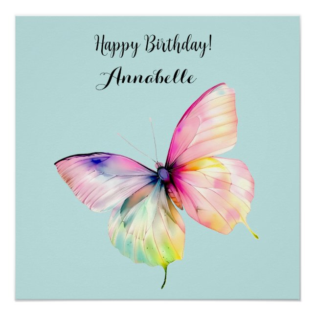 Delicate Pink Butterfly in Pastel Rainbow Colours Poster (Front)