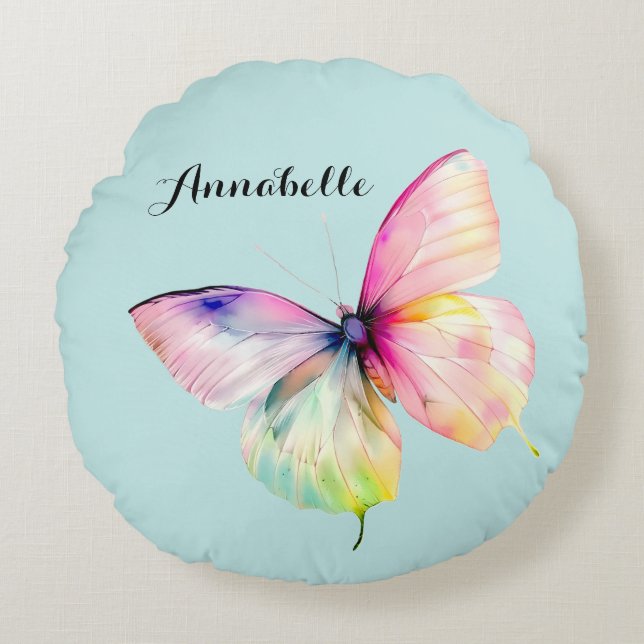 Delicate Pink Butterfly in Pastel Rainbow Colours Round Cushion (Front)