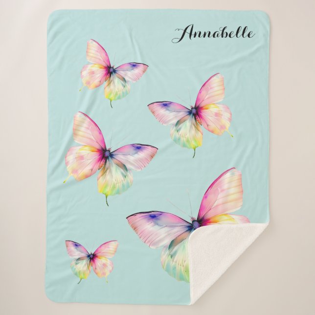Delicate Pink Butterfly in Pastel Rainbow Colours Sherpa Blanket (Front)
