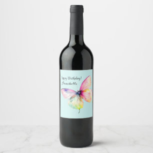 Delicate Pink Butterfly in Pastel Rainbow Colours Wine Label