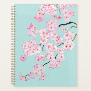 Delicate Pink cherry blossom in blue background Planner