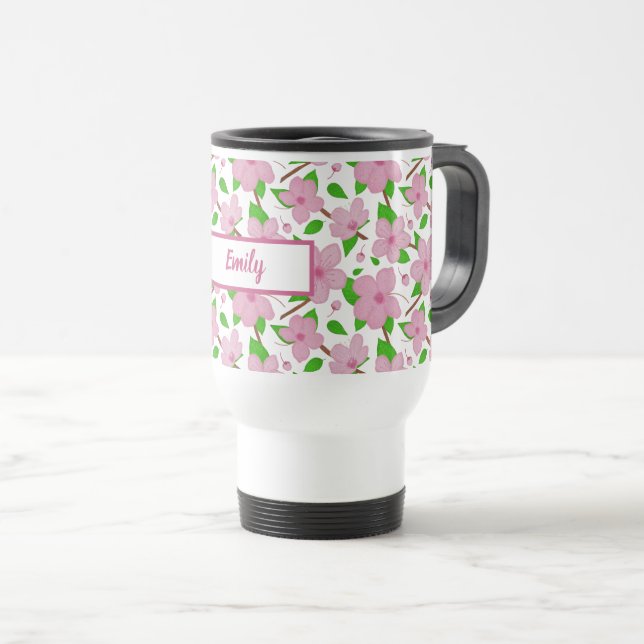 Delicate pink cherry blossom personalise travel mug (Front Right)