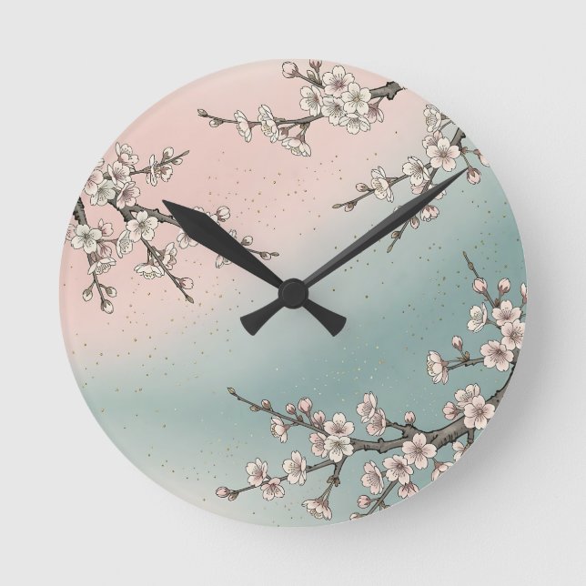 Delicate Pink Cherry Blossom Sakura Branches  Round Clock (Front)