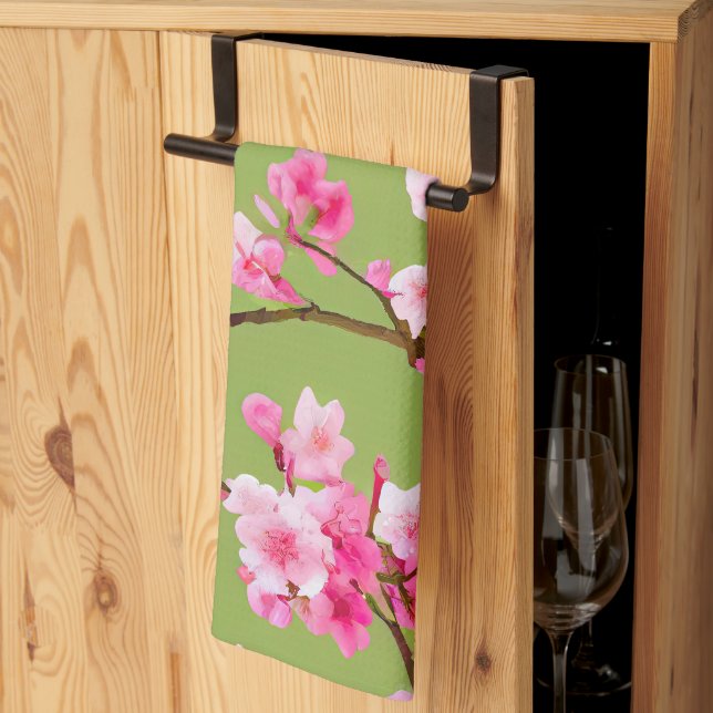 Delicate Pink Cherry Blossoms on Chartreuse Green Tea Towel (Thirds Fold)