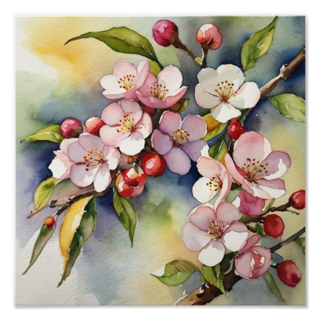 Delicate Pink Cherry Blossoms Watercolor Painting Photo Print (Front)