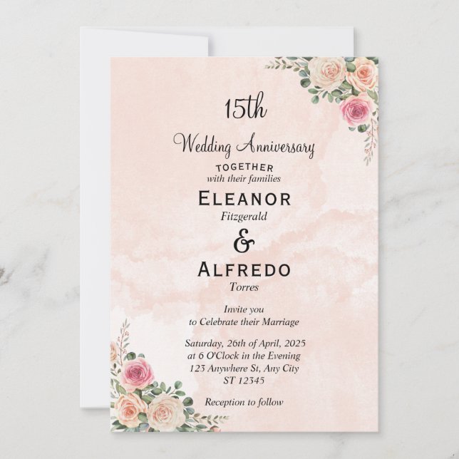 Delicate Pink Cream Floral Wedding Anniversary  Invitation (Front)
