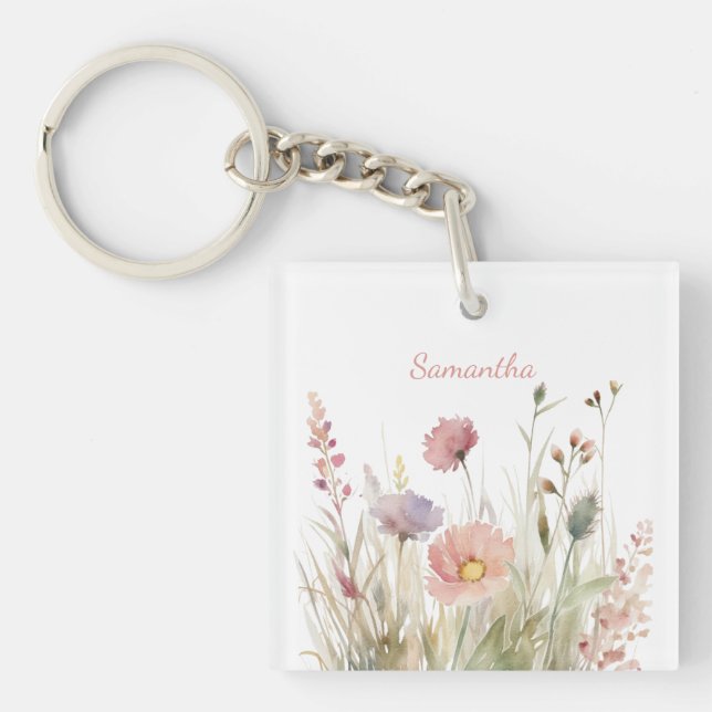 Delicate Pink Floral Name Key Ring (Front)