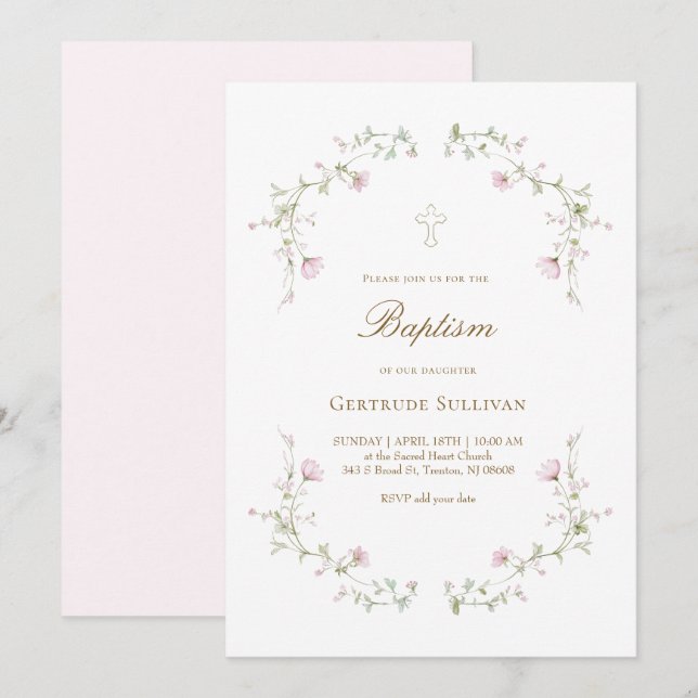 delicate pink flowers Baptism Invitation (Front/Back)
