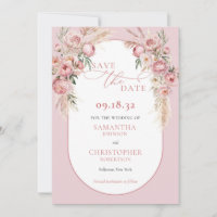 Delicate pink flowers boho arch pampas eucalyptus