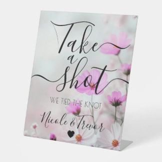 Delicate Pink Flowers Calligraphy Take a Shot Pedestal Sign