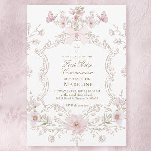 delicate pink flowers frame First Holy Communion Invitation