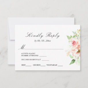 Delicate Pink Flowers Greenery Floral Wedding RSVP Card