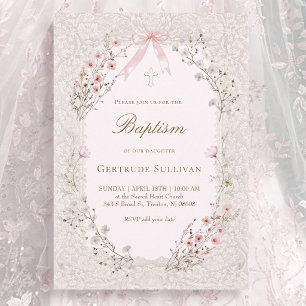 delicate pink flowers lace frame Baptism Invitation