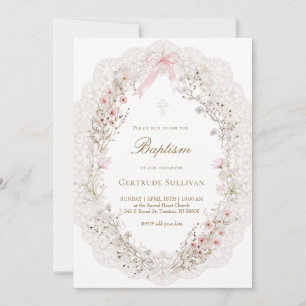 delicate pink flowers oval lace frame Baptism Invitation