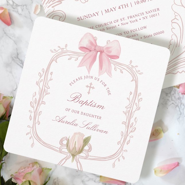 Delicate Pink Frame Baptism Square Invitation (Creator Uploaded)