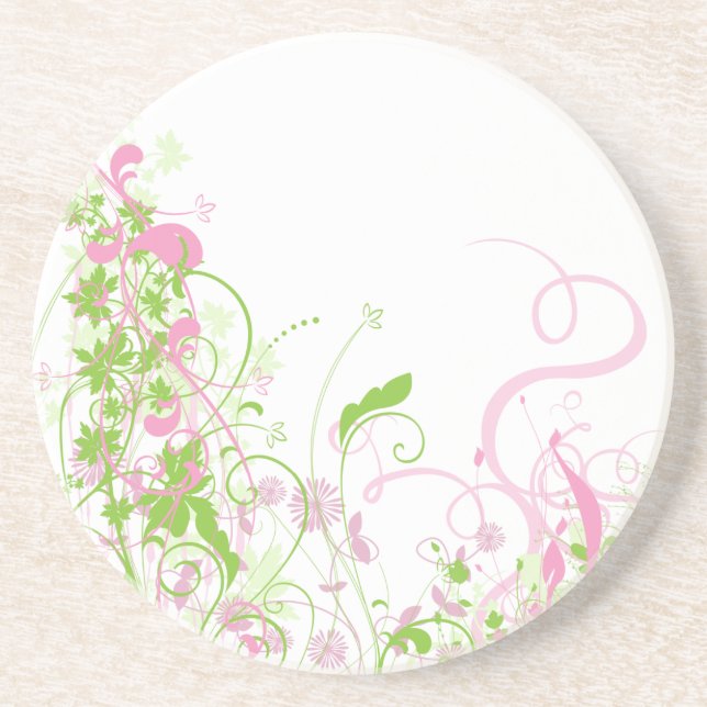 Delicate Pink & green floral swirls Coaster (Front)