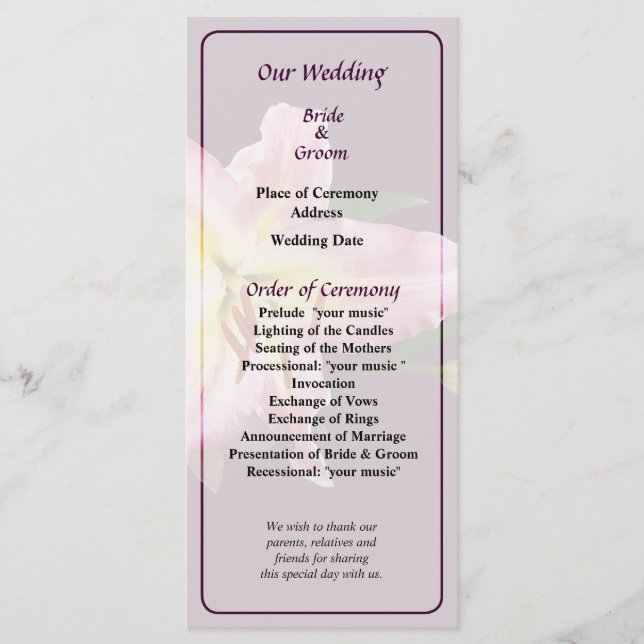 Delicate Pink Lilies Wedding Program Programme (Front)