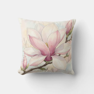 Delicate Pink Magnolia Watercolor Bloom Cushion