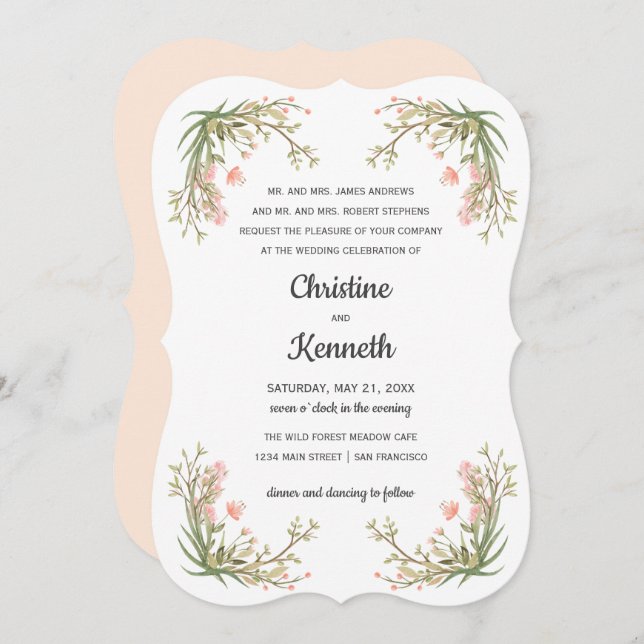 Delicate Pink Meadow Flowers Botanical wedding Invitation (Front/Back)