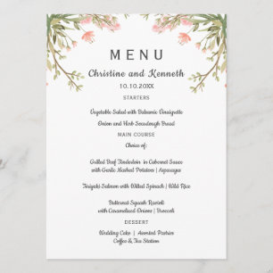Delicate pink meadow flowers Wedding or Party Menu