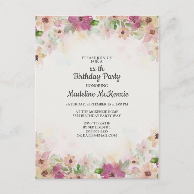 Delicate Pink Purple Watercolor Floral Birthday Postcard (Front)