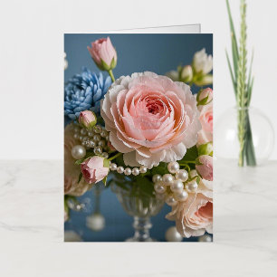 Delicate pink rose with pearl in vase  foil greeting card